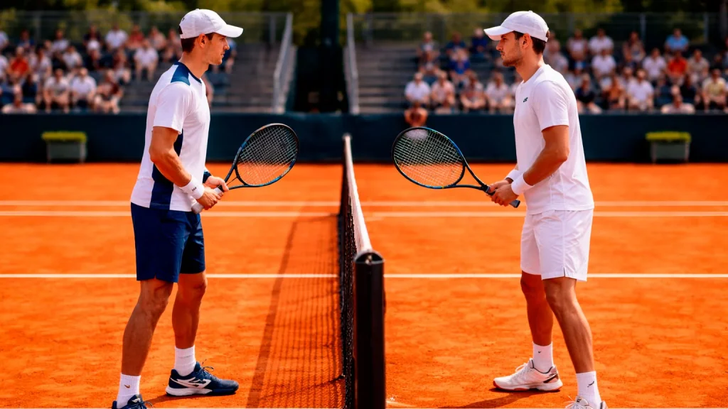 Zwei Tennisspieler stehen sich gegenüber am Netz vor dem Match auf Sandplatz