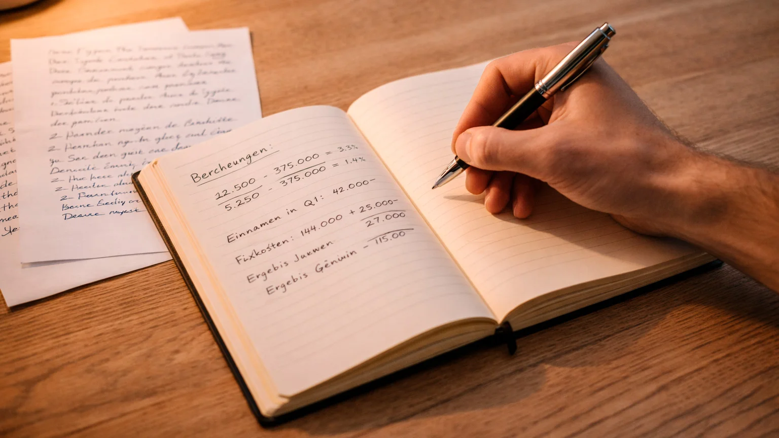 Hand schreibt Berechnungen in ein Notizbuch auf einem Holztisch