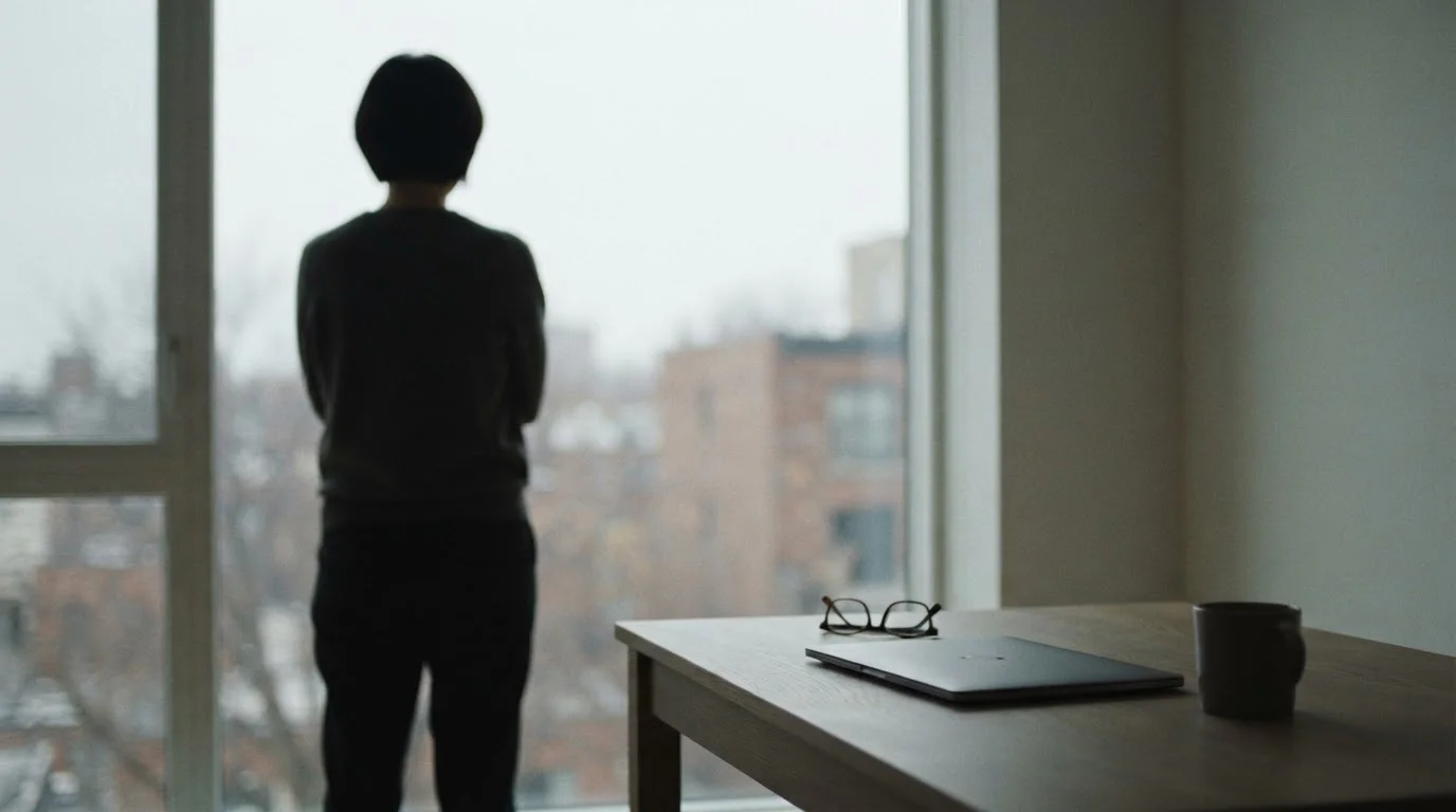 Silhouette einer Person am Fenster mit geschlossenem Notebook auf dem Tisch