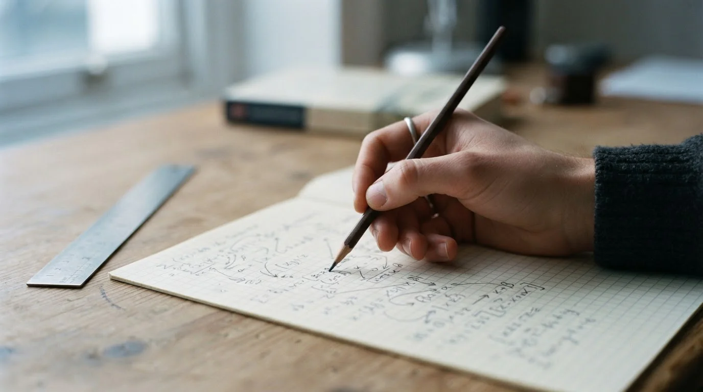 Hand mit Stift bei einer Berechnung auf kariertem Papier