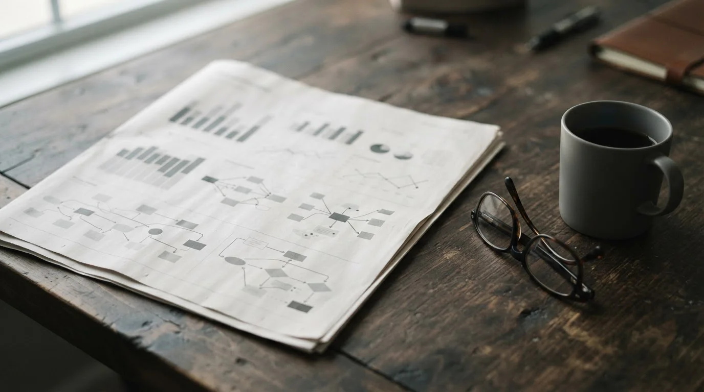 Aufgeschlagene Zeitung mit abstrakten Diagrammen auf Holztisch