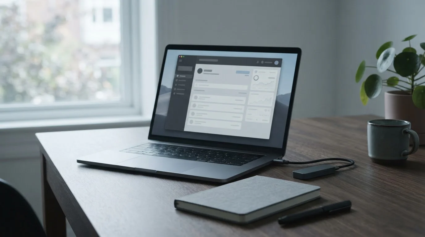 Laptop mit abstrakter Wallet-Oberfläche und Hardware-Gerät auf dem Schreibtisch