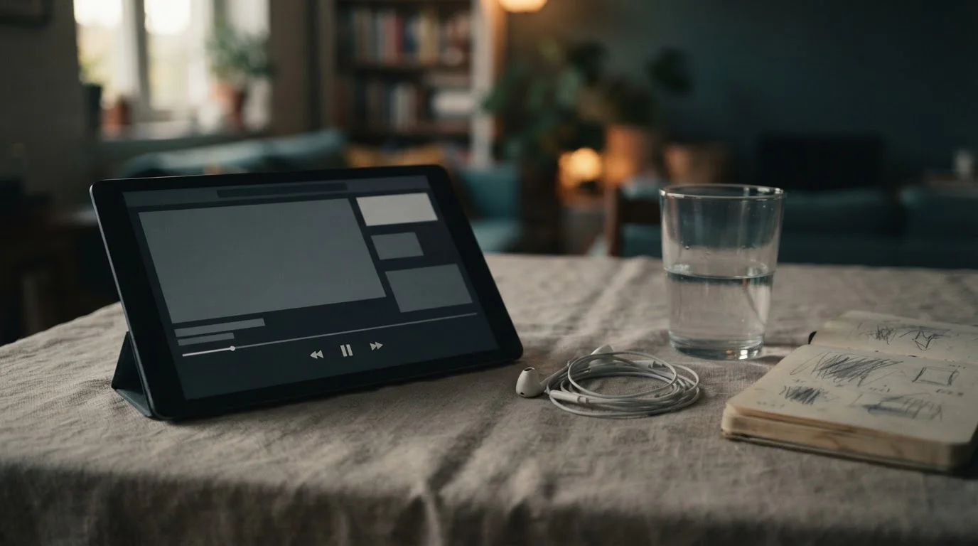 Tablet mit neutraler Oberfläche neben Kopfhörern für Live-Verfolgung