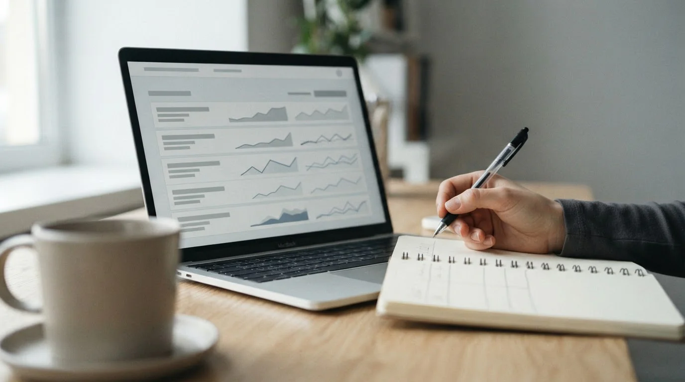Laptopbildschirm mit abstrakter Quotenanalyse im Redaktionsstil