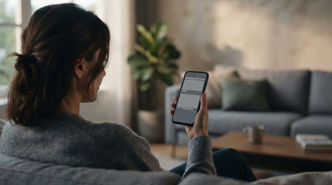 Person hält Smartphone in der Hand mit abstrakter, leerer Oberfläche