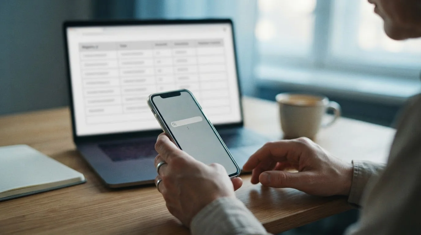 Hände halten ein Smartphone vor einem Laptop mit leerer Suchmaske