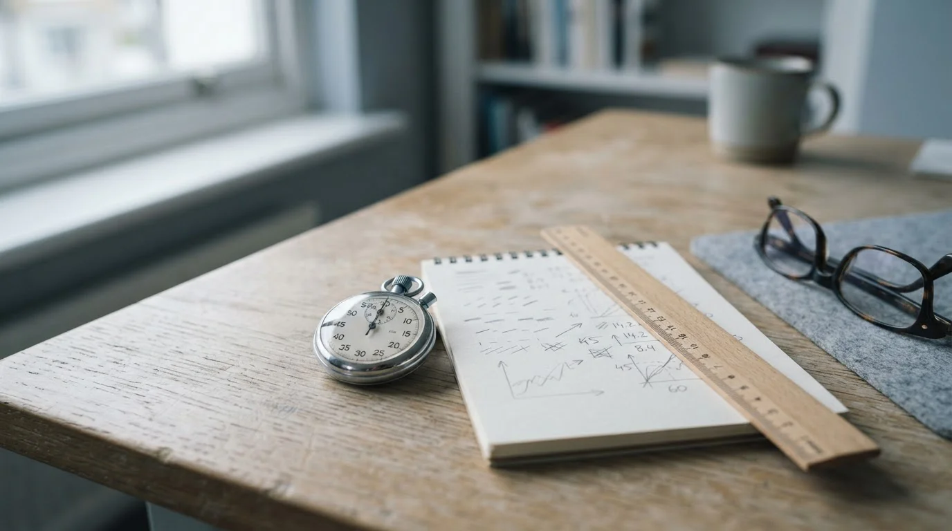 Analoge Stoppuhr neben einem Notizblock mit handschriftlichen Berechnungen