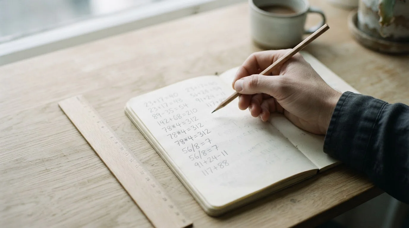 Hand mit Bleistift rechnet abstrakte Zahlenreihen in einem Notizbuch
