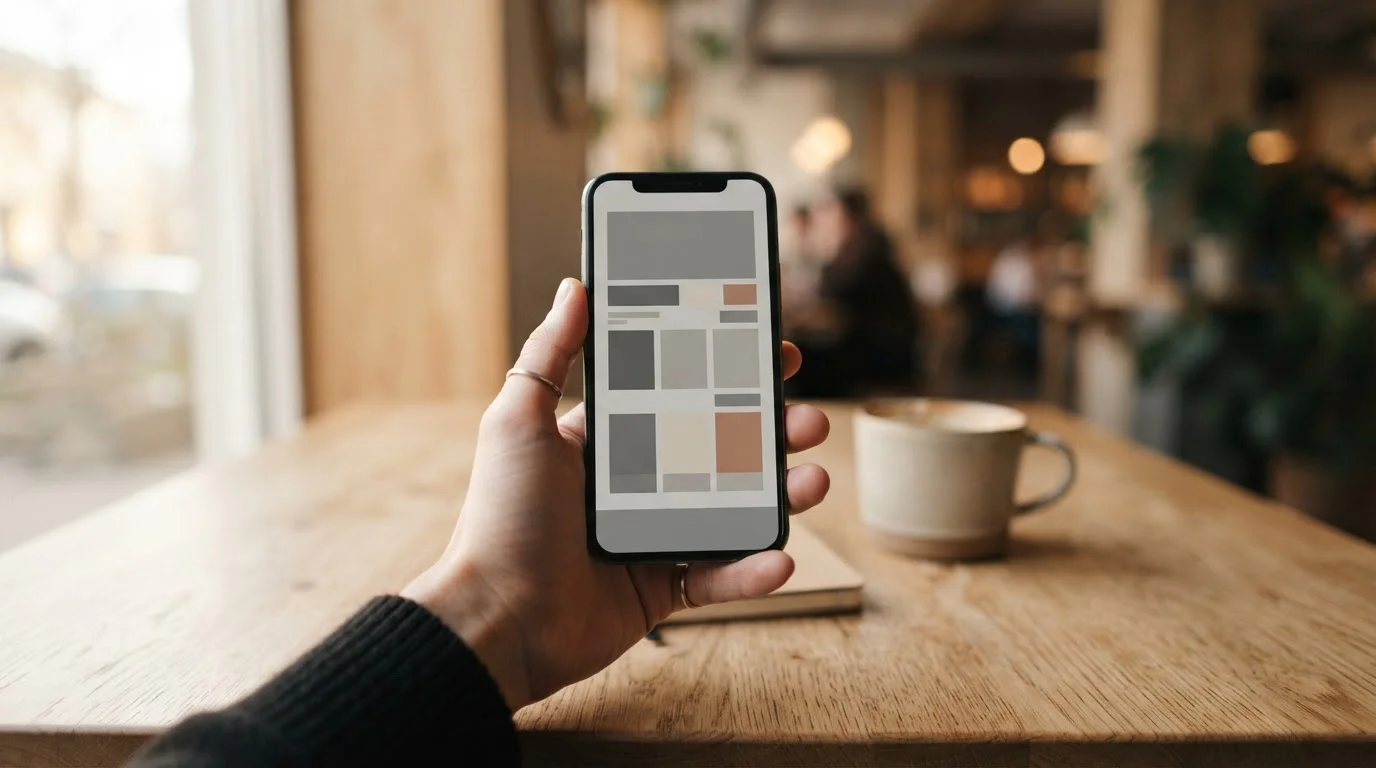 Hand hält Smartphone mit neutralem grauen Interface