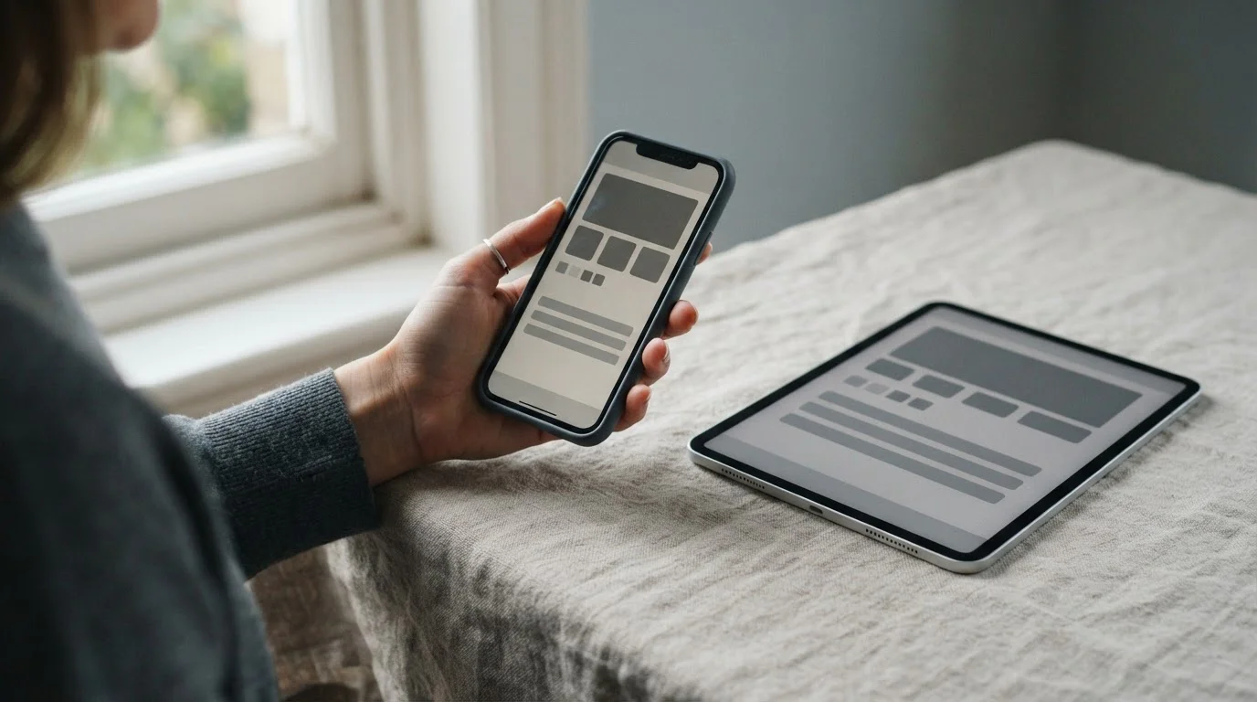 Hand hält Smartphone mit neutraler App-Oberfläche neben Tablet