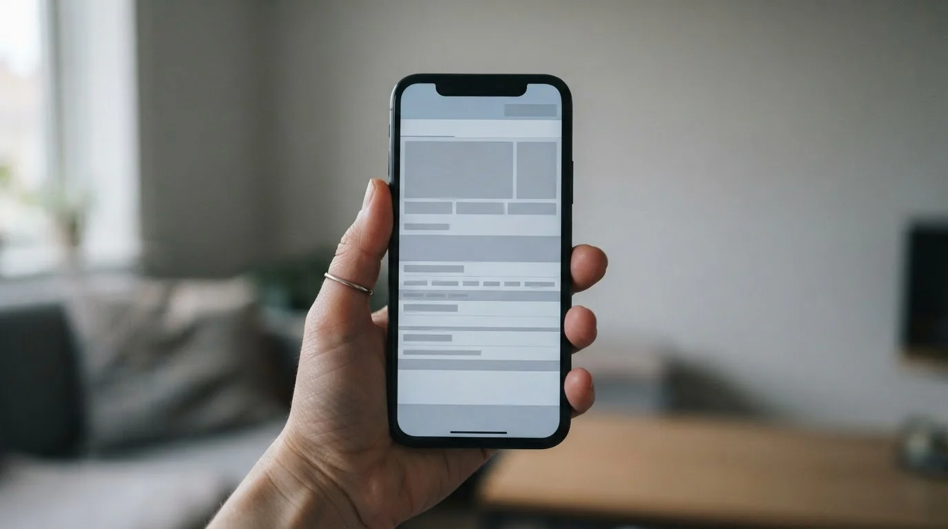 Smartphone mit neutraler Benutzeroberfläche in der Hand vor unscharfem Hintergrund