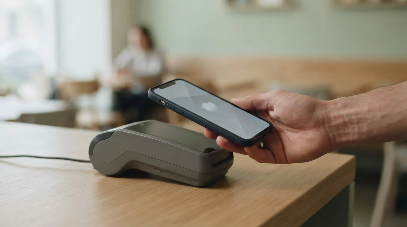 Hand hält Smartphone vor kontaktlosem Terminal in ruhiger Umgebung
