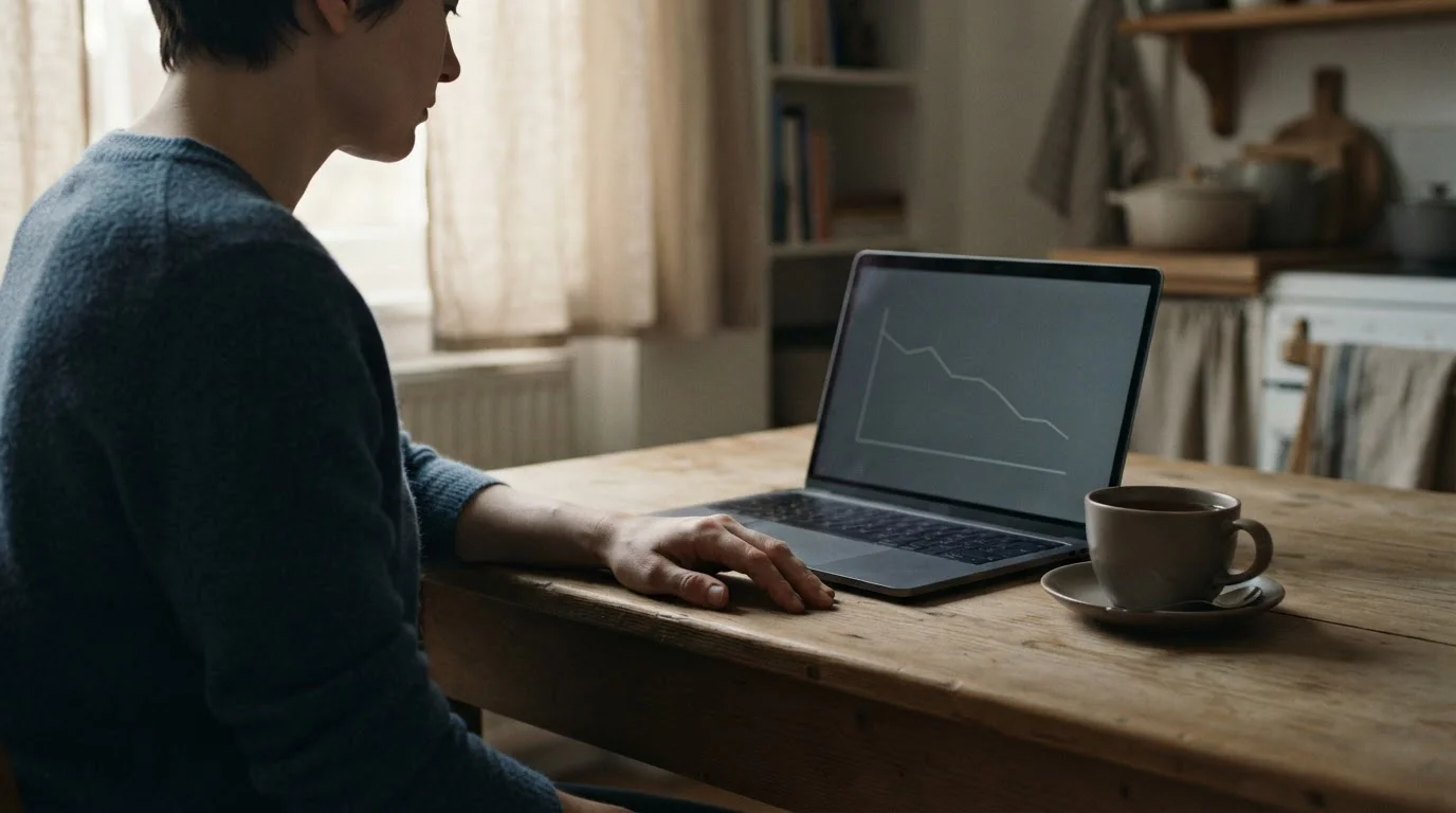 Person sitzt nachdenklich vor einem Laptop mit einer Kontenübersicht