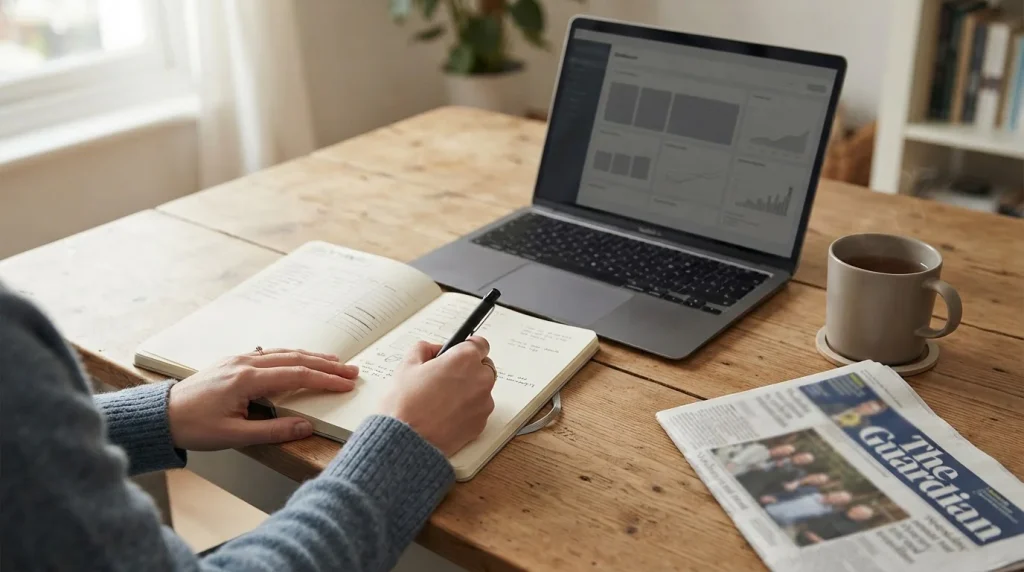 Schreibtisch mit Notizen und Laptop zur Analyse neuer Wettanbieter