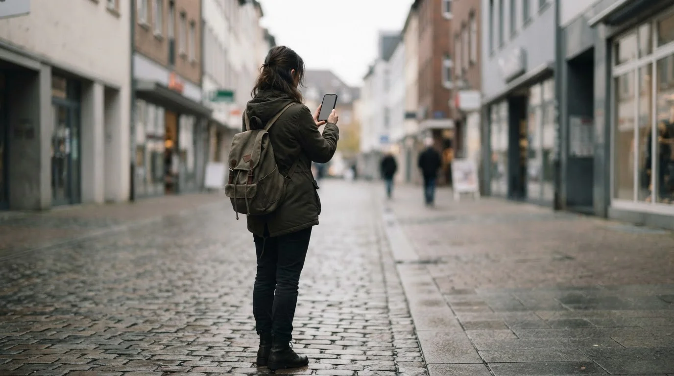 Person mit Smartphone auf einer ruhigen deutschen Einkaufsstraße