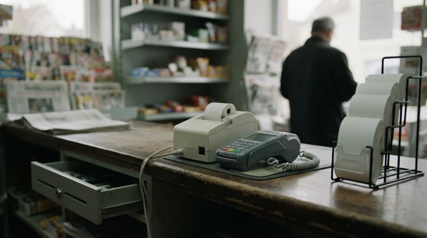 Kioskregal mit anonymen Servicezetteln als Symbol für Bargeld-Zahldienste