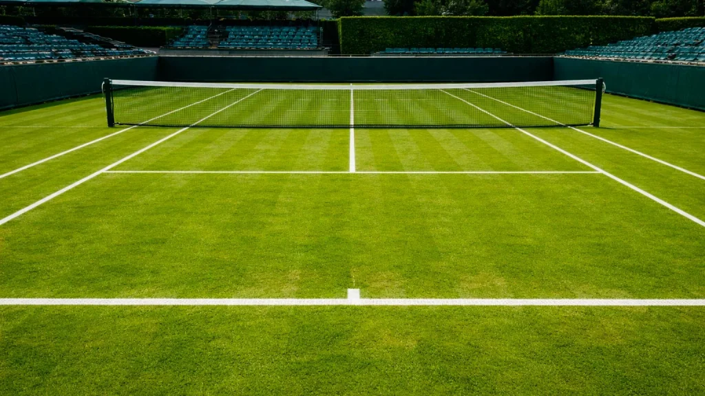 Gepflegter Rasen-Tennisplatz mit weißen Linien und Netz bei Wimbledon-Atmosphäre