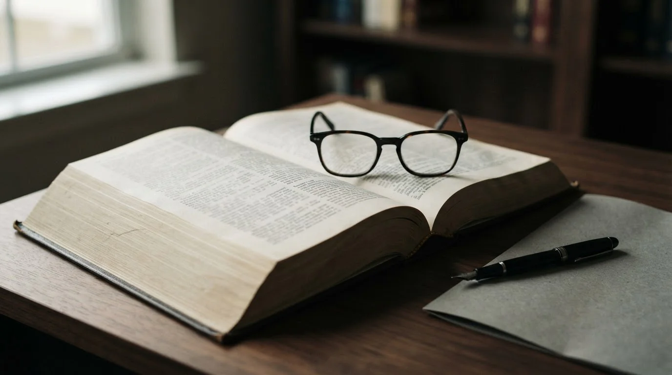 Aufgeschlagenes Gesetzbuch neben einer Lesebrille auf dunklem Holz