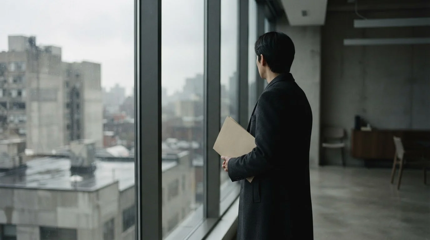 Silhouette einer Person liest Regulierungsdokumente am Fenster