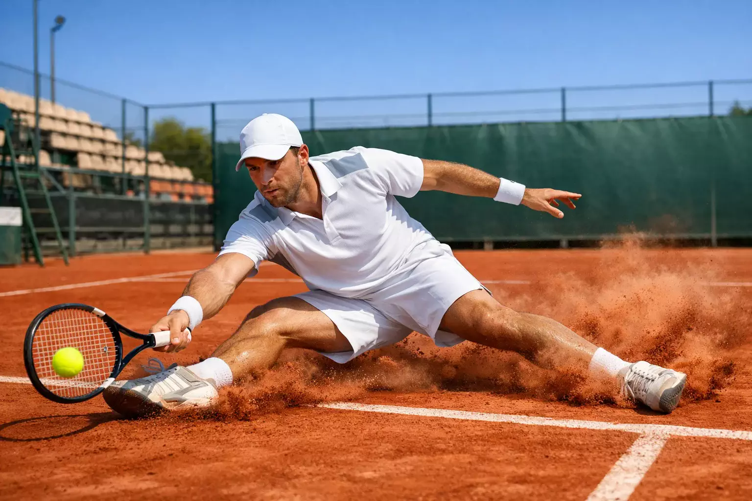 Tennisspieler gleitet auf rotem Sandplatz während eines Ballwechsels