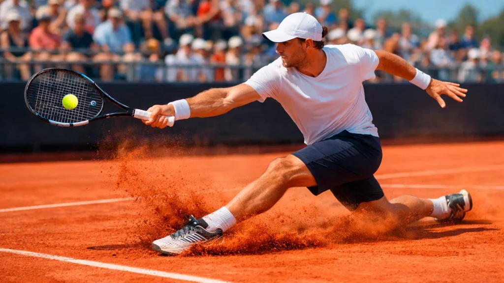 Tennisspieler rutscht auf rotem Sandplatz während einer Vorhand bei Sonnenschein