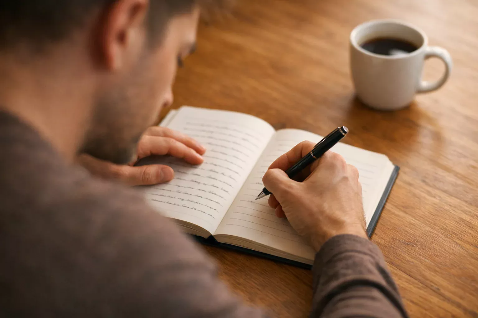 Person macht Notizen in einem Notizbuch zur Selbstreflexion
