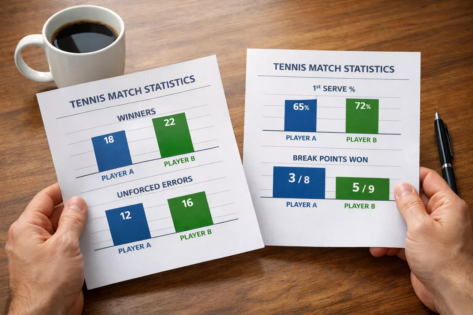 Person analysiert Tennisstatistiken auf Papier