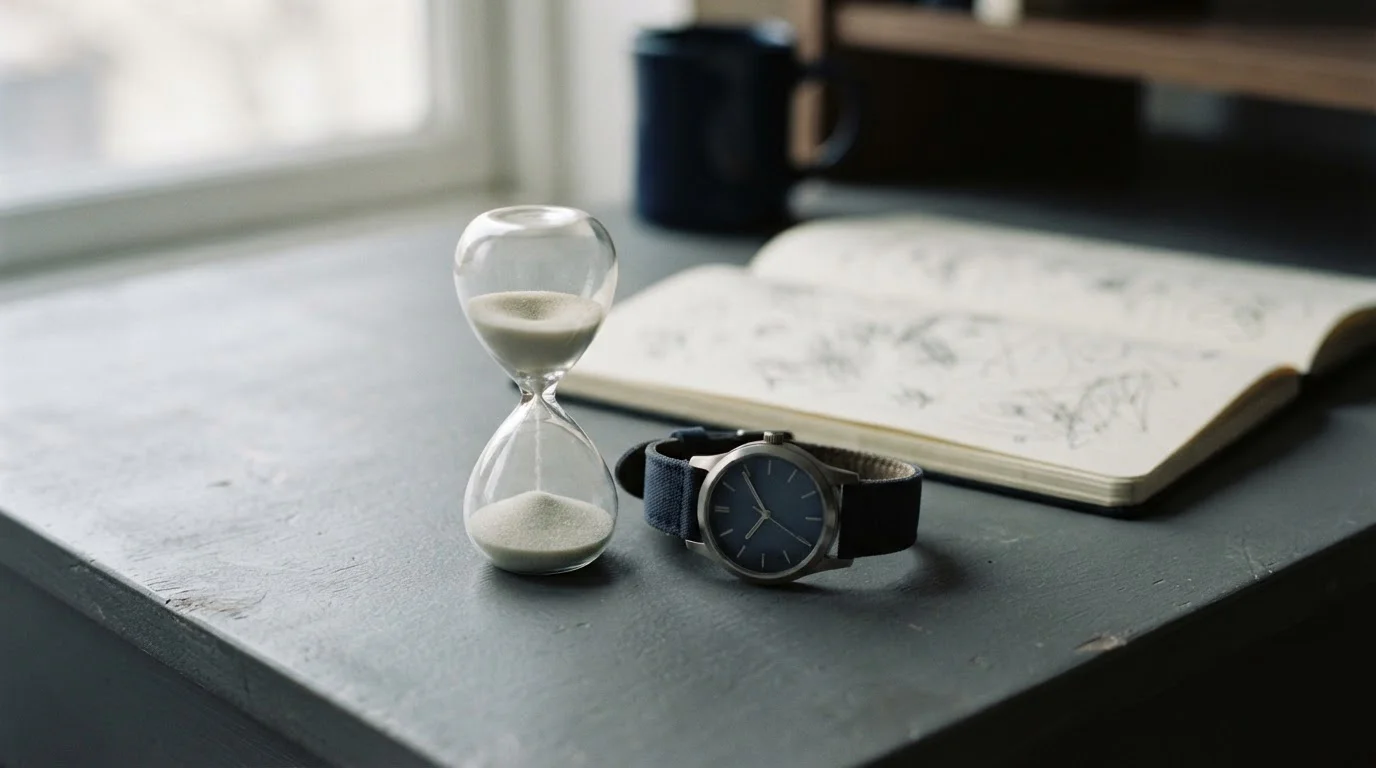 Sanduhr neben einer Armbanduhr auf einem Schreibtisch mit Notizen