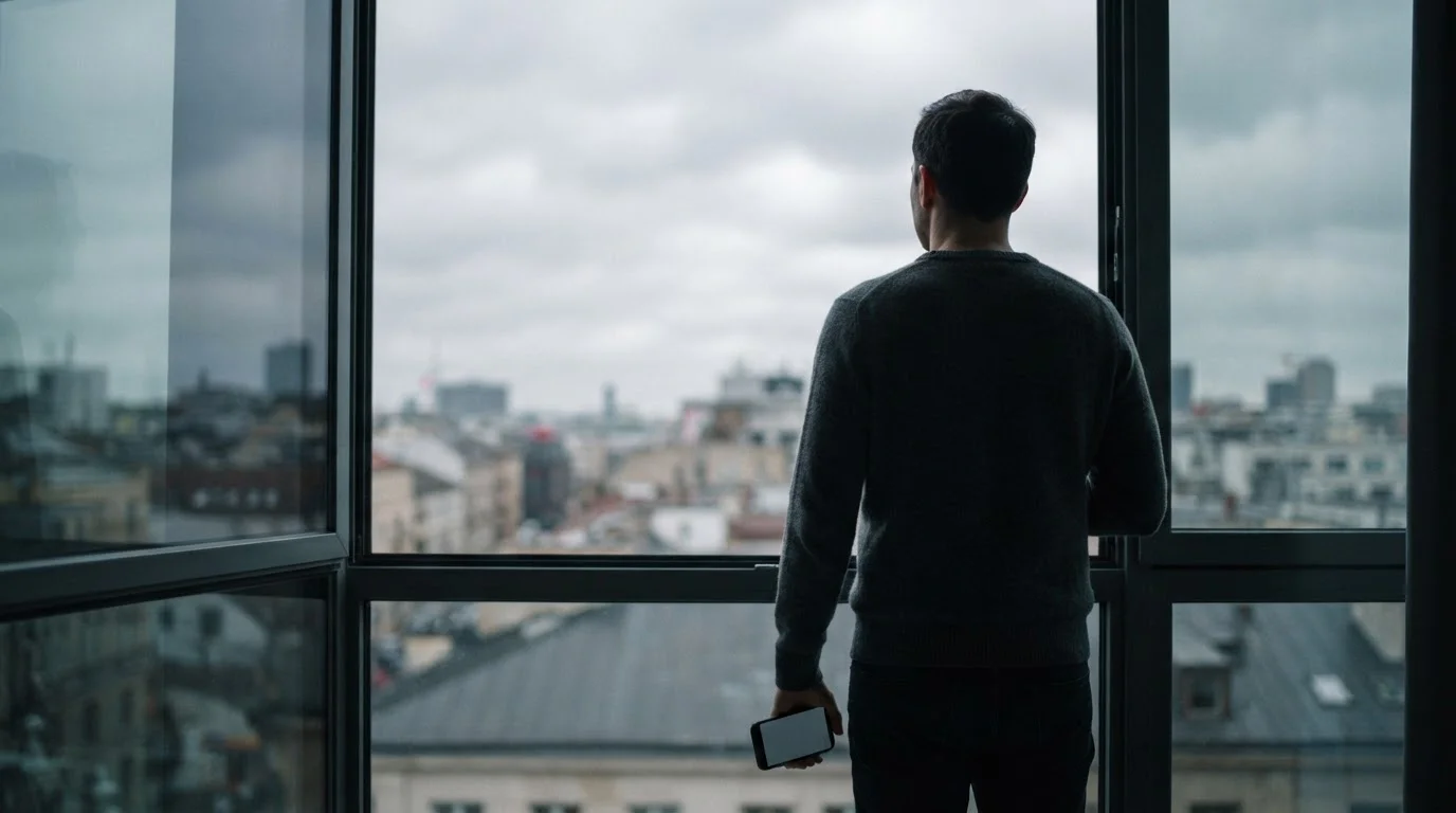 Silhouette einer Person am Fenster mit Smartphone in der Hand