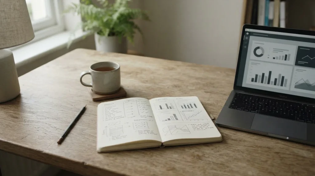Schreibtisch mit Notizen und Laptop zum Vergleich deutscher Sportwetten-Anbieter