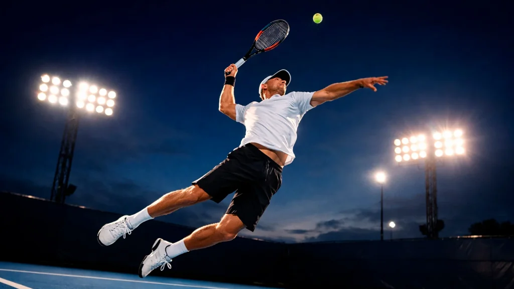 Tennisspieler in voller Streckung beim Aufschlag auf einem Hartplatz bei Flutlicht
