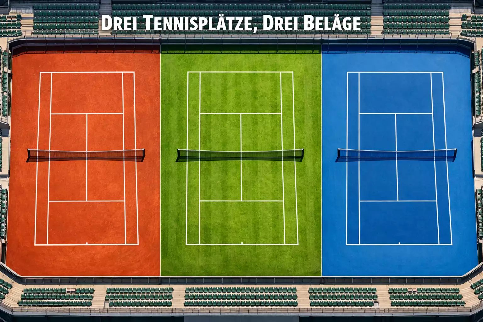 Drei Tennisplätze mit unterschiedlichen Belägen nebeneinander