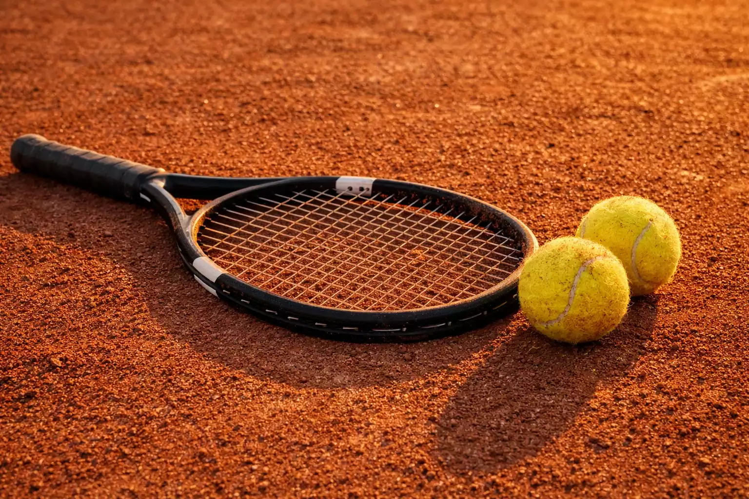 Tennisschläger liegt auf Sandplatz neben Tennisbällen