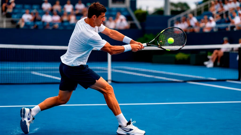 Tennisspieler schlägt eine Rückhand am Grundlinie auf Hartplatz