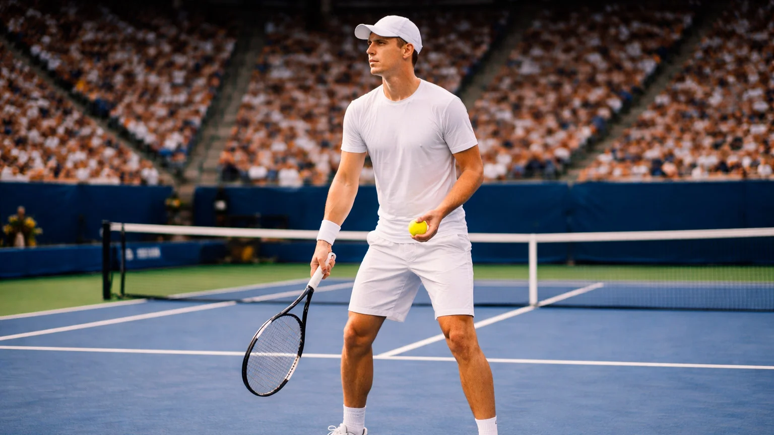 Tennisspieler blickt konzentriert auf den Platz vor dem Aufschlag