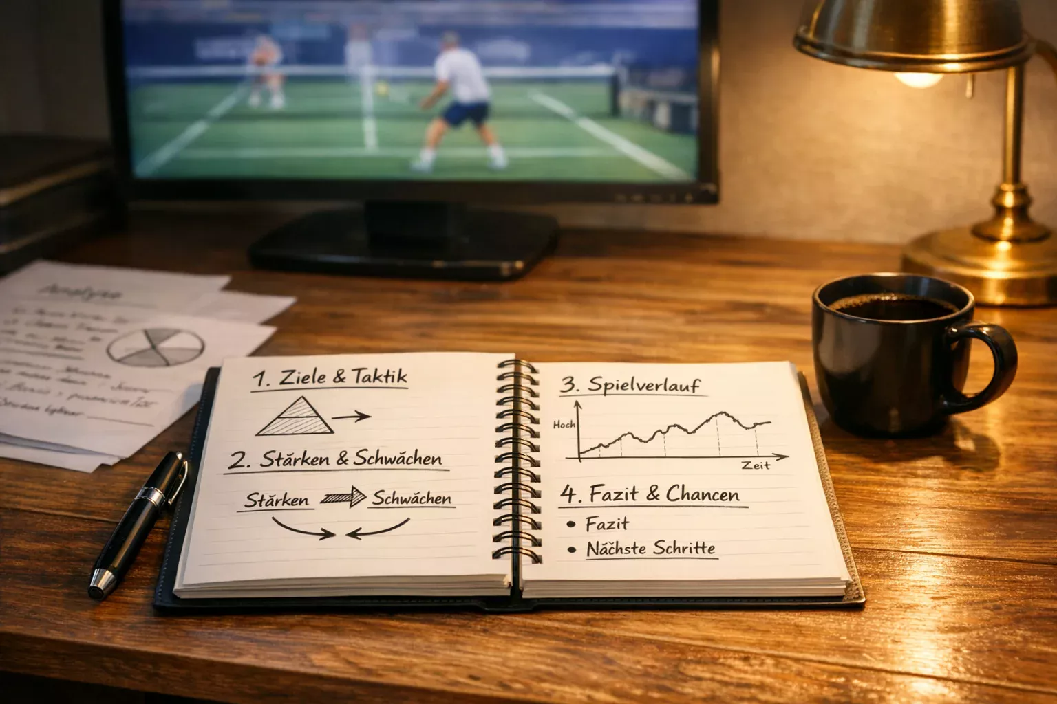 Arbeitsplatz mit Notizen und Tennismatch im Hintergrund