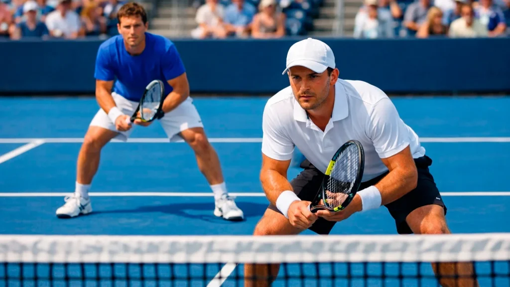Zwei Tennisspieler stehen nebeneinander am Netz auf einem Hartplatz