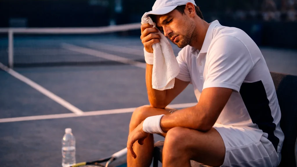 Tennisspieler wischt sich Schweiß von der Stirn während einer Pause auf dem Platz