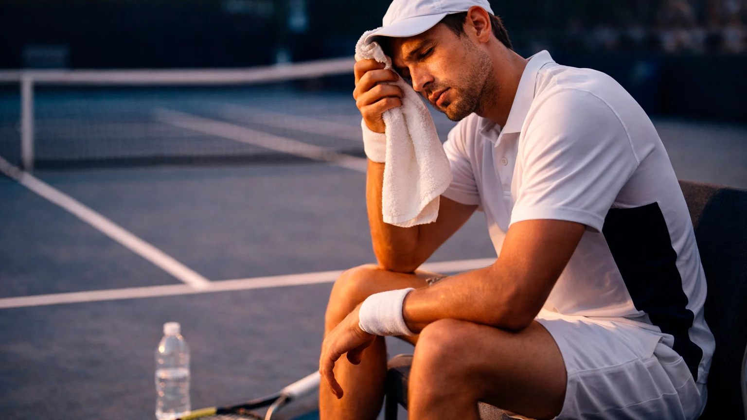 Tennisspieler wischt sich Schweiß von der Stirn während einer Pause auf dem Platz