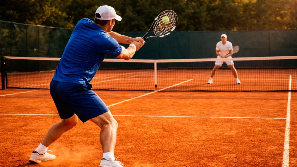 Tennisspieler am Netz während eines intensiven Ballwechsels auf Sandplatz