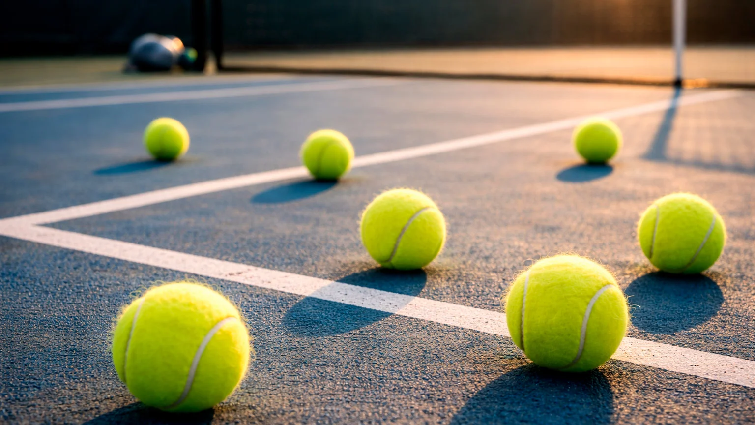 Mehrere Tennisbälle auf einem Hartplatz mit Schatten im Abendlicht
