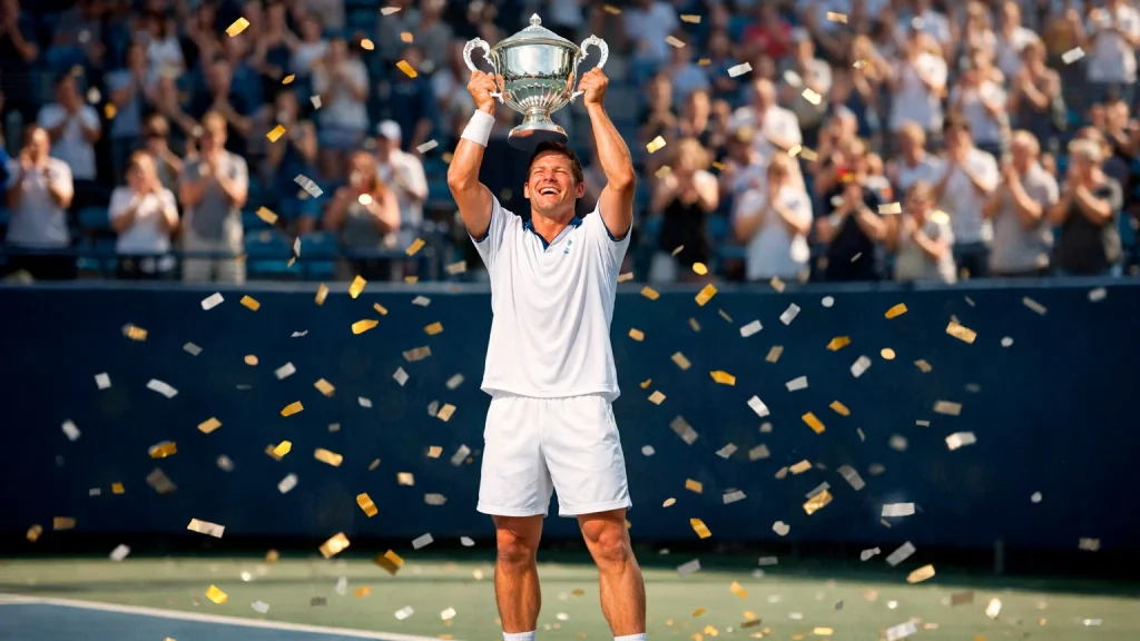 Tennisspieler hebt einen Pokal in die Höhe bei einer Siegerehrung auf dem Platz