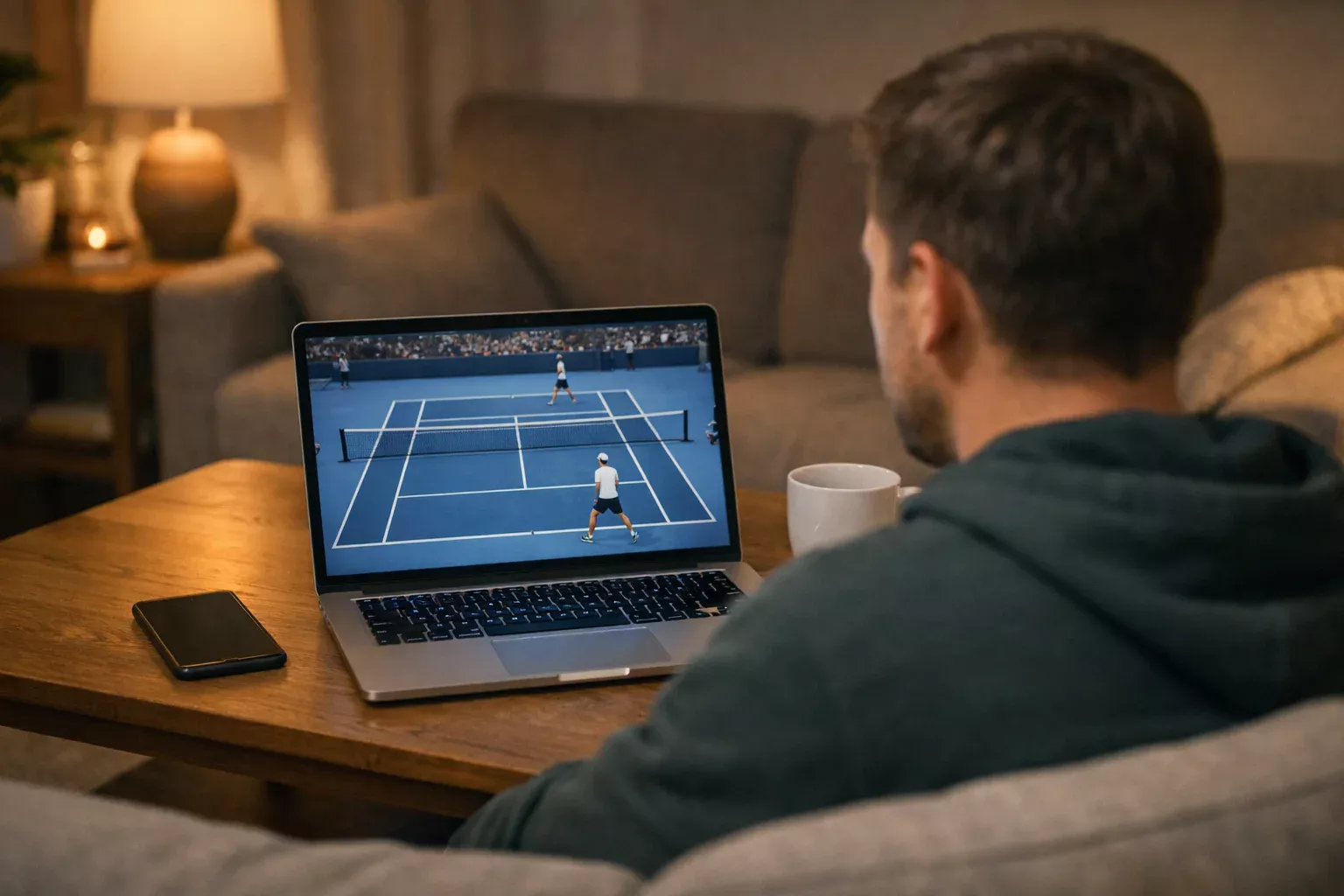 Person verfolgt Tennismatch auf Laptop mit Statistiken