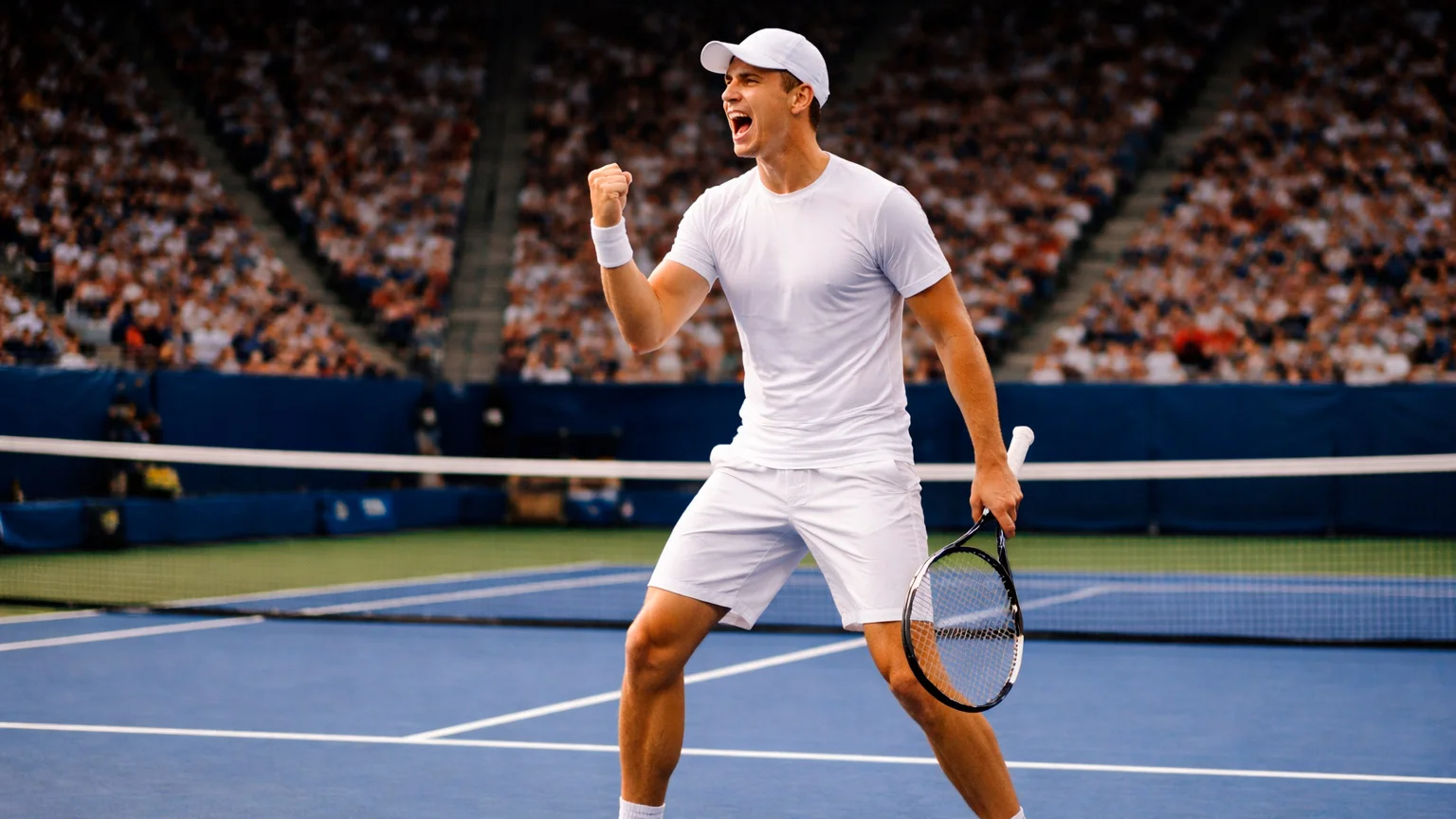 Tennisspieler feiert einen Punktgewinn auf dem Centre Court vor Zuschauern