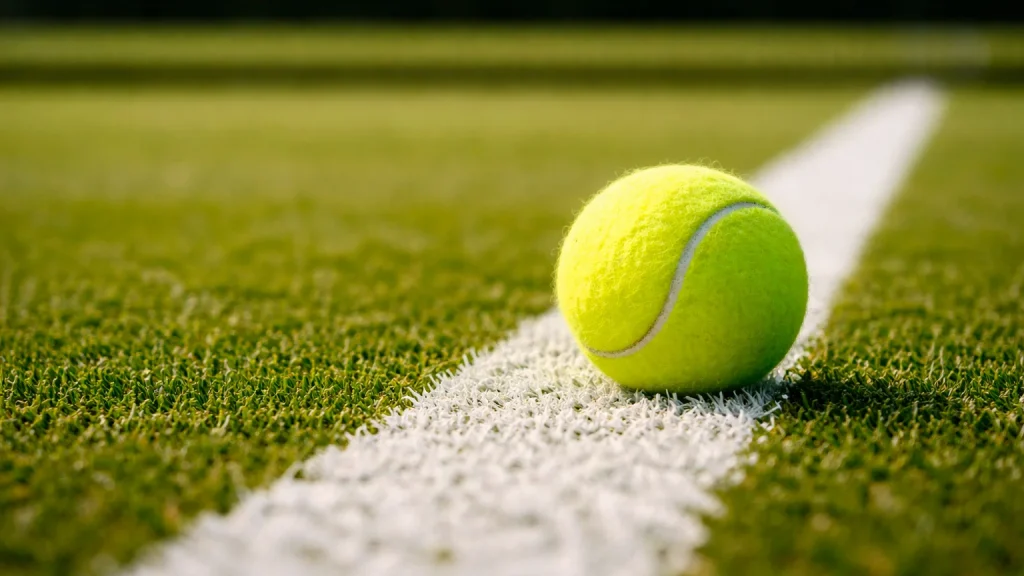 Nahaufnahme eines Tennisballs auf der Linie eines Rasenplatzes bei Tageslicht