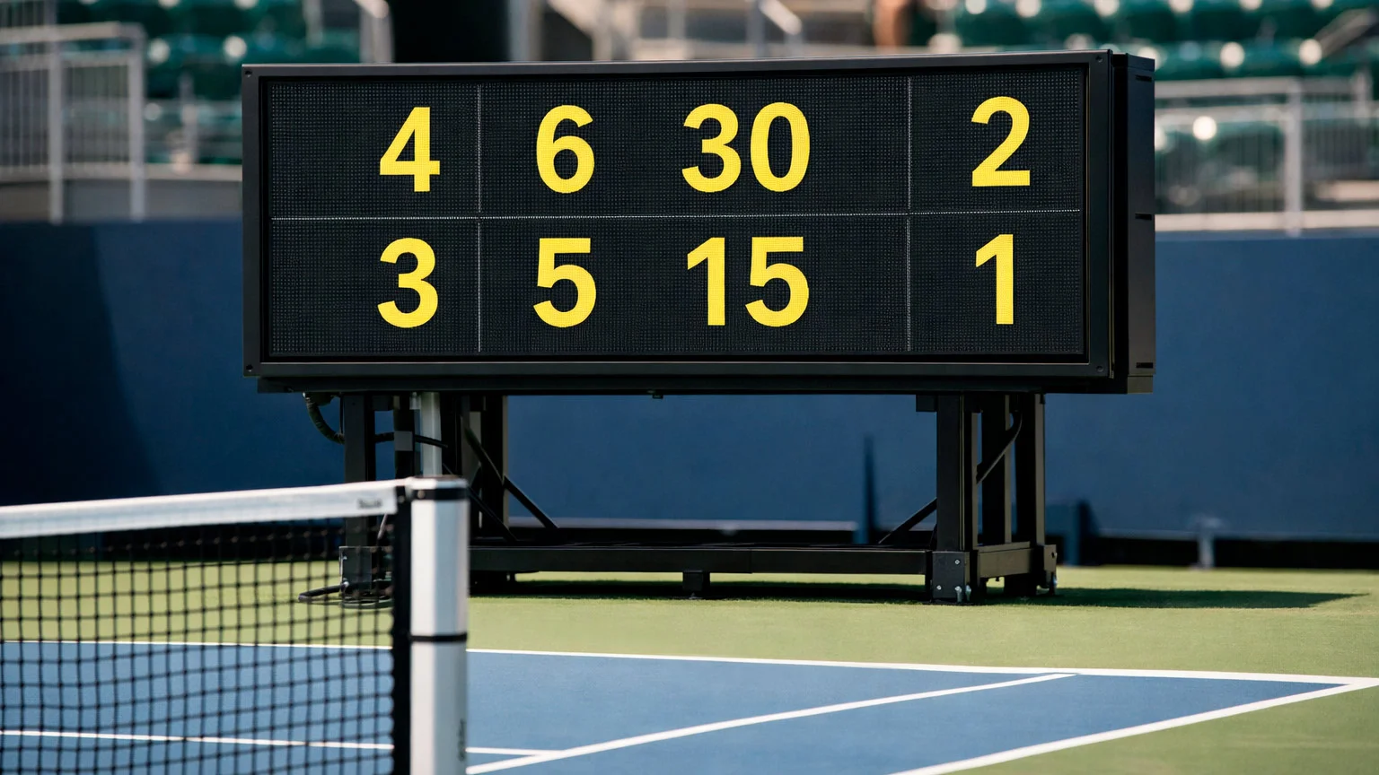 Anzeigetafel mit Spielstand bei einem Tennisturnier im Sonnenlicht