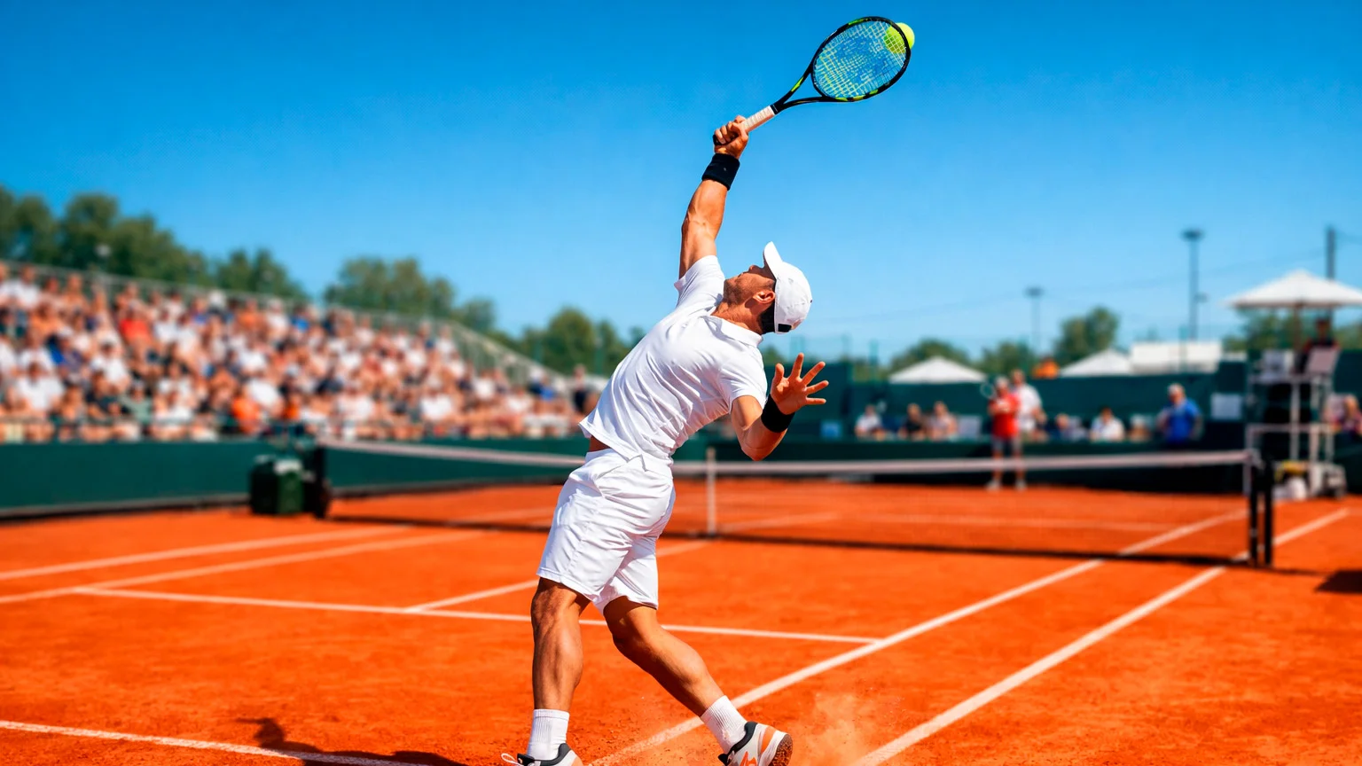 Tennisspieler beim kraftvollen Aufschlag auf einem Sandplatz bei Sonnenlicht