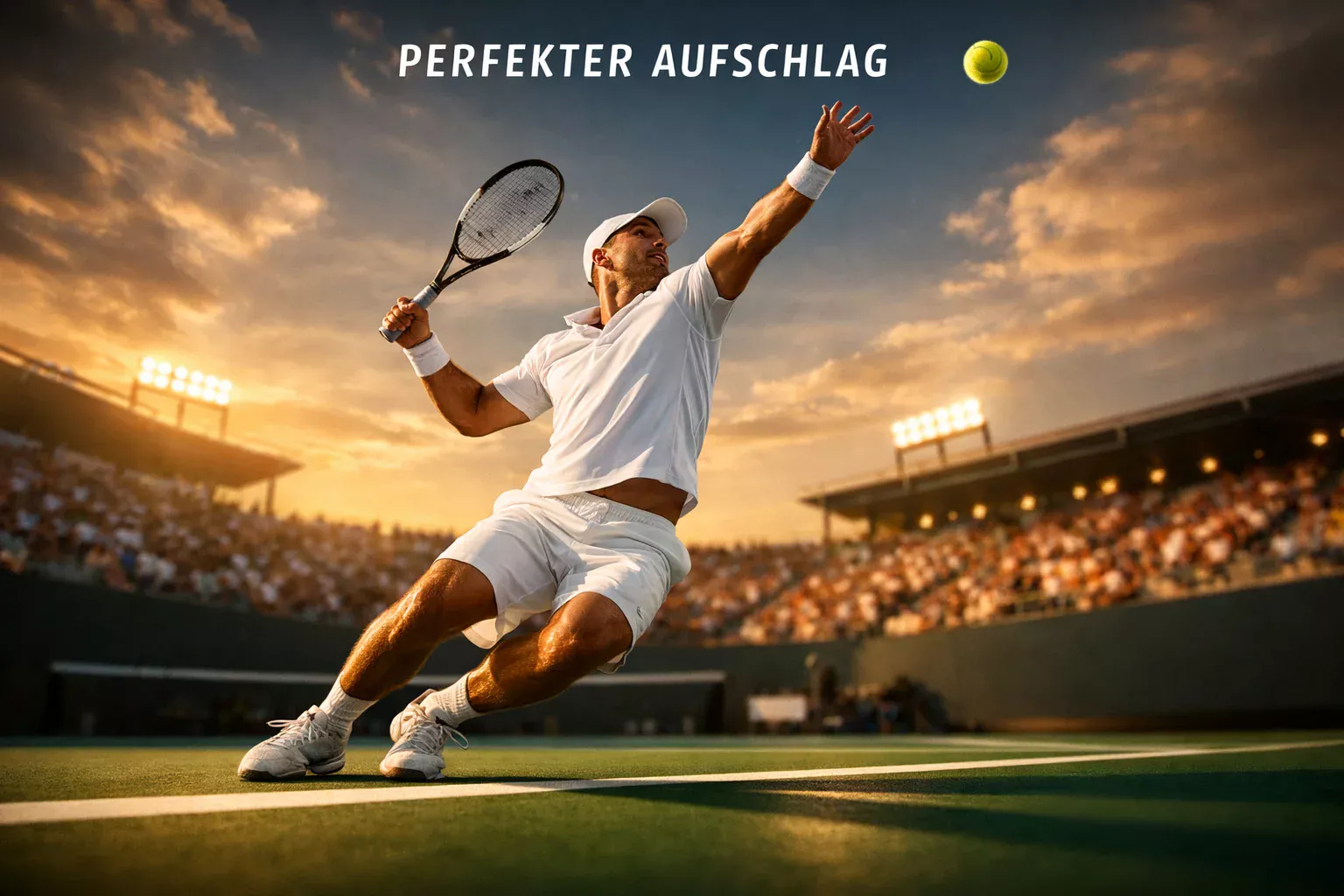 Tennisplatz mit Spieler beim Aufschlag unter Flutlicht
