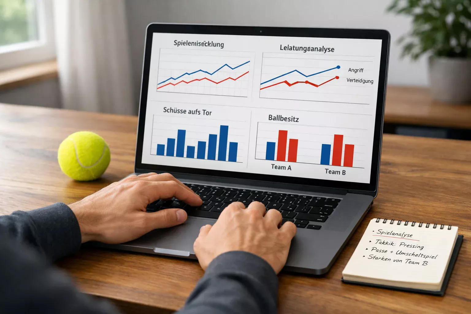 Sportanalyst studiert Tennisstatistiken auf einem Laptop