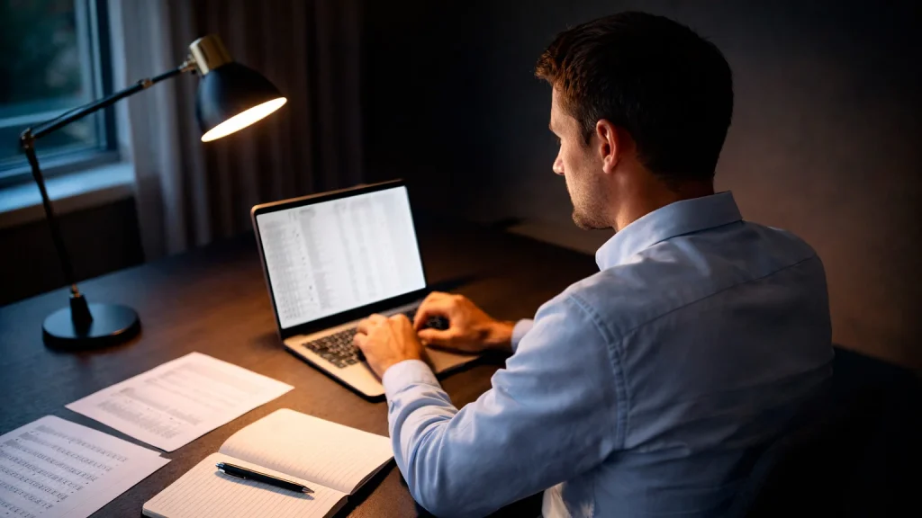 Person arbeitet an einem Laptop mit geöffneten Tabellen bei Schreibtischlicht